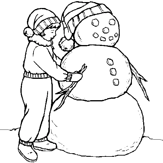 coloriage fillette construisant un bonhomme de neige